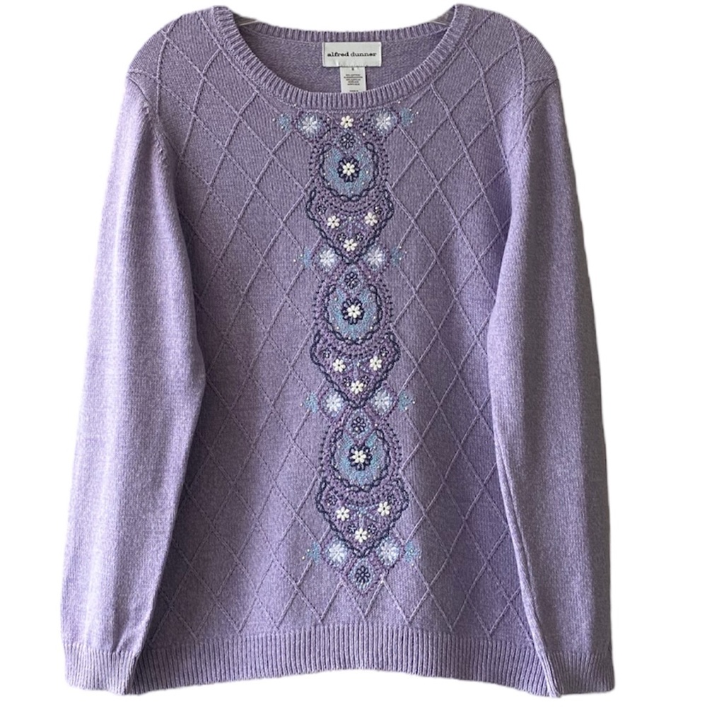 Vintage Cottagecore Sweater Beaded Floral Embroidery Diamond Lavender Size Small